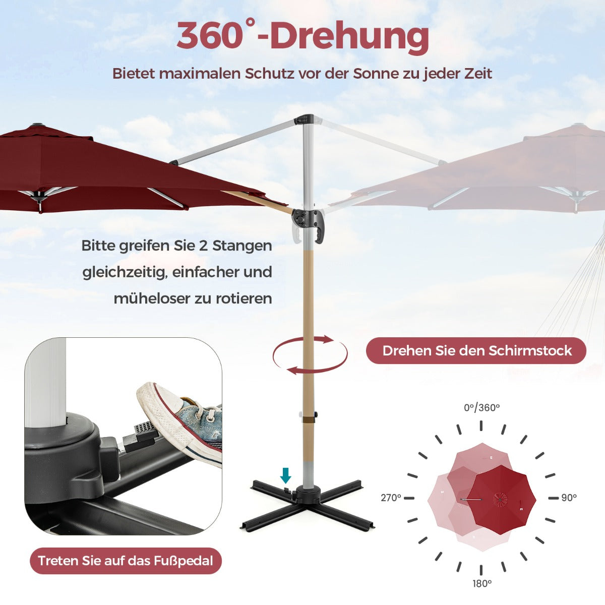 330 cm Sonnenschirm mit Kurbel  360° Drehbarer Ampelschirm Gartenschirm Rot