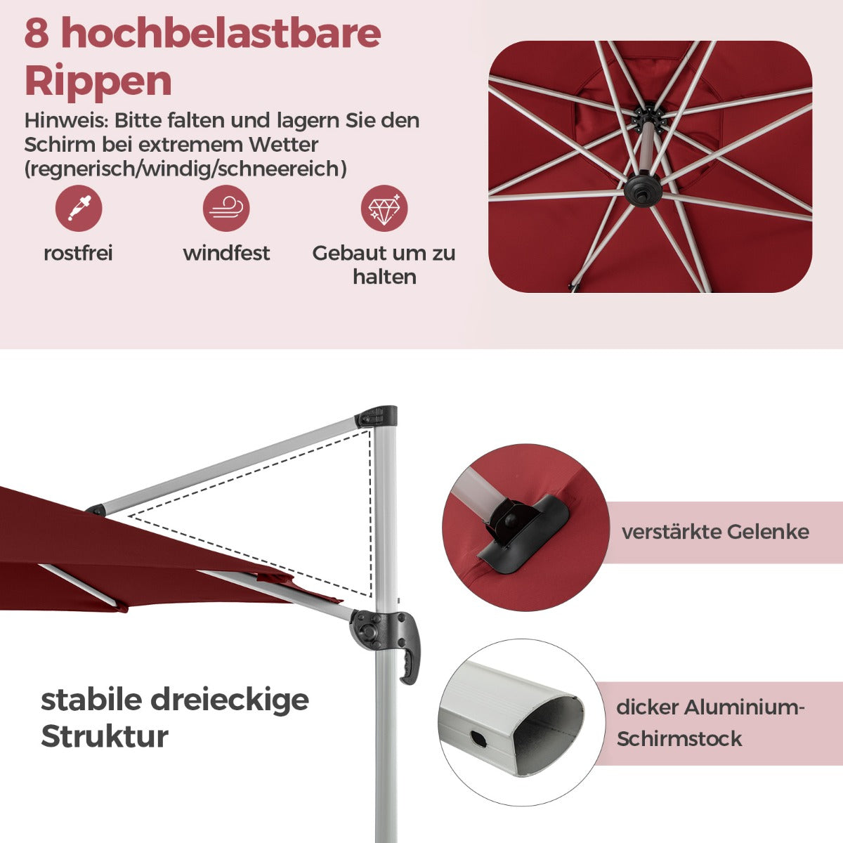 330 cm Sonnenschirm mit Kurbel  360° Drehbarer Ampelschirm Gartenschirm Rot