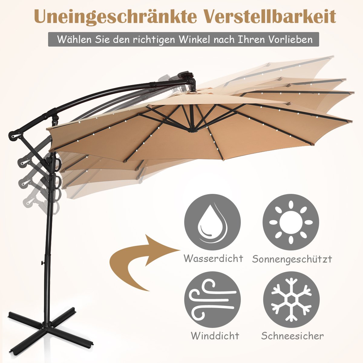 Sonnenschirm mit LED-Solar-Beleuchtung Drehbar Ampelschirm für Garten  300 cm Beige
