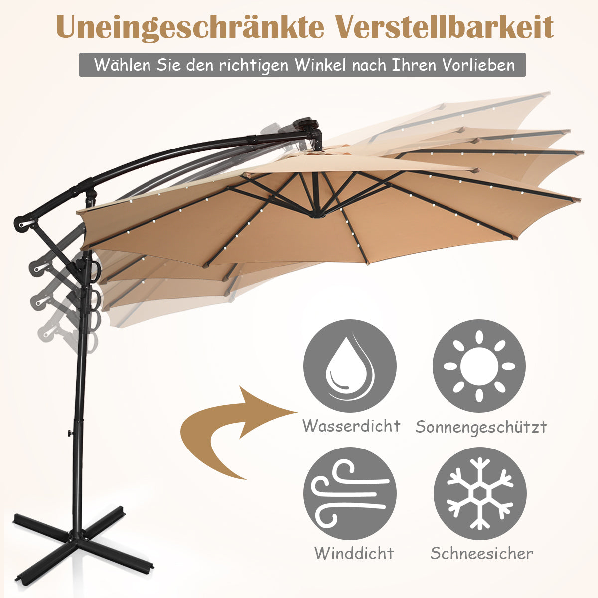 Sonnenschirm mit LED-Solar-Beleuchtung Drehbar Ampelschirm für Garten  300 cm Beige