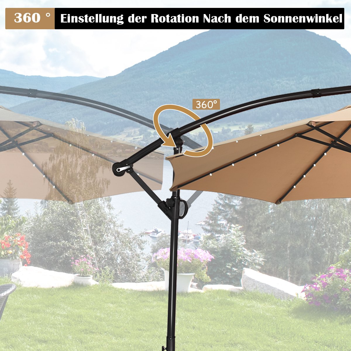 Sonnenschirm mit LED-Solar-Beleuchtung Drehbar Ampelschirm für Garten  300 cm Beige