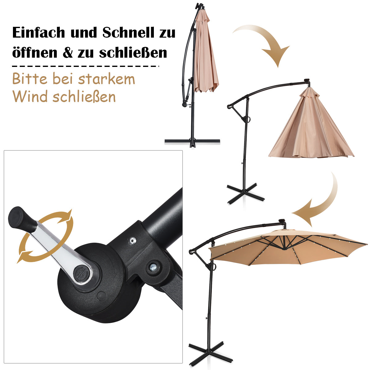 Sonnenschirm mit LED-Solar-Beleuchtung Drehbar Ampelschirm für Garten  300 cm Beige