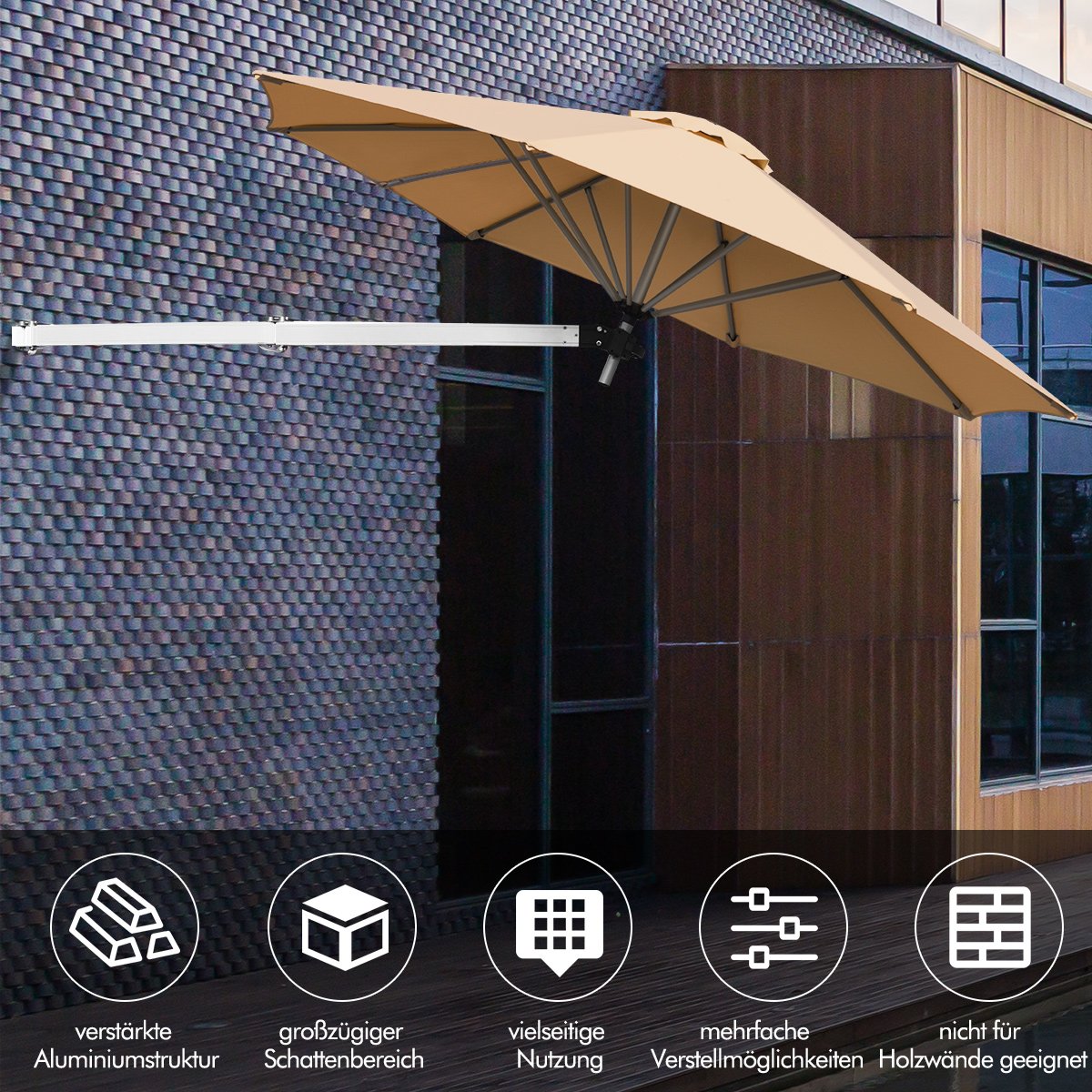 247 cm Wandschirm Terrassenschirm mit verstellbarem Mast Sonnenschirm mit Windventil Beige