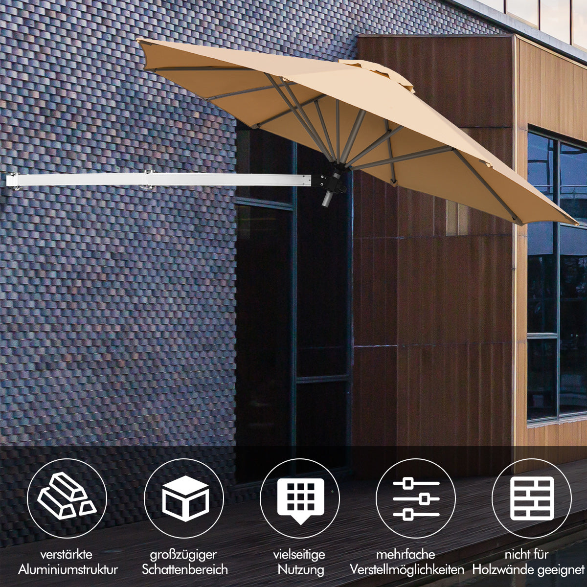 247 cm Wandschirm Terrassenschirm mit verstellbarem Mast Sonnenschirm mit Windventil Beige