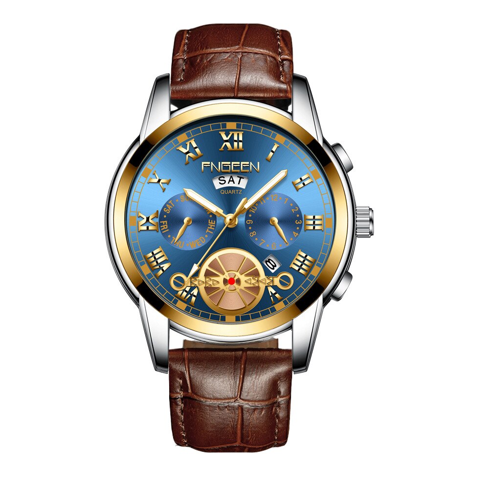 FNGEEN Fashion Mens Watch Quartz Classic Blue Wristwatch Steel Belt Luxury Calendar Business Watch Herren Uhren Gifts for Men