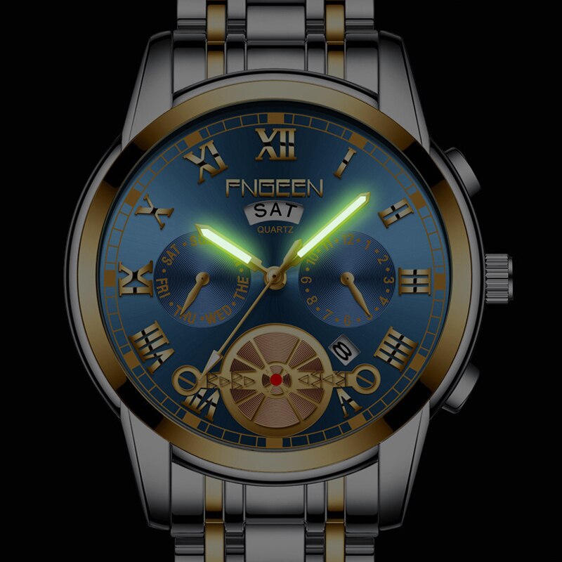FNGEEN Fashion Mens Watch Quartz Classic Blue Wristwatch Steel Belt Luxury Calendar Business Watch Herren Uhren Gifts for Men