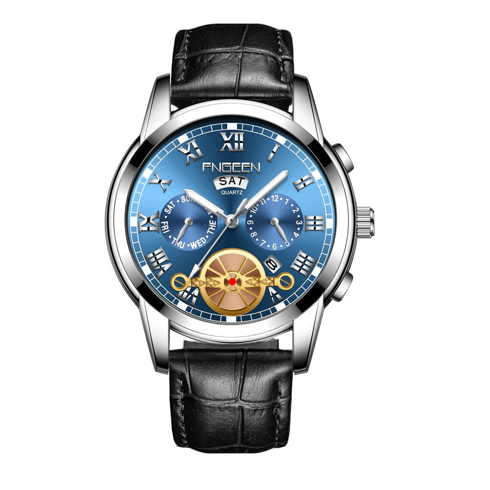 FNGEEN Fashion Mens Watch Quartz Classic Blue Wristwatch Steel Belt Luxury Calendar Business Watch Herren Uhren Gifts for Men