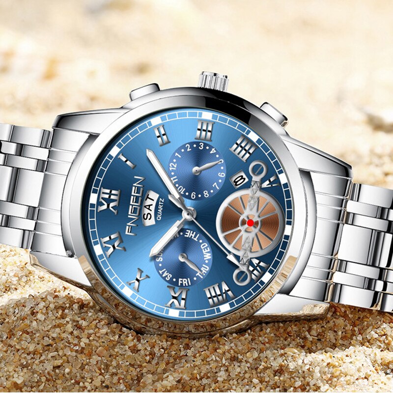 FNGEEN Fashion Mens Watch Quartz Classic Blue Wristwatch Steel Belt Luxury Calendar Business Watch Herren Uhren Gifts for Men
