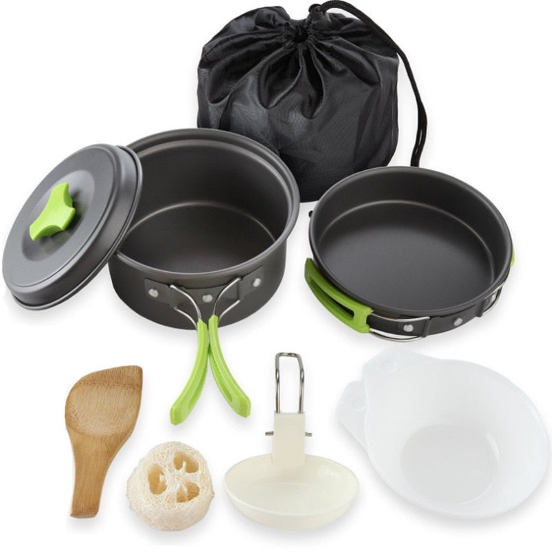 Outdoor-Camping-Geschirr-Set, Outdoor-Kochgeschirr-Set, faltbar, Löffel, Gabel, Messer, Wasserkocher, Tasse, Campingausrüstung, Zubehör für 1–2 Personen