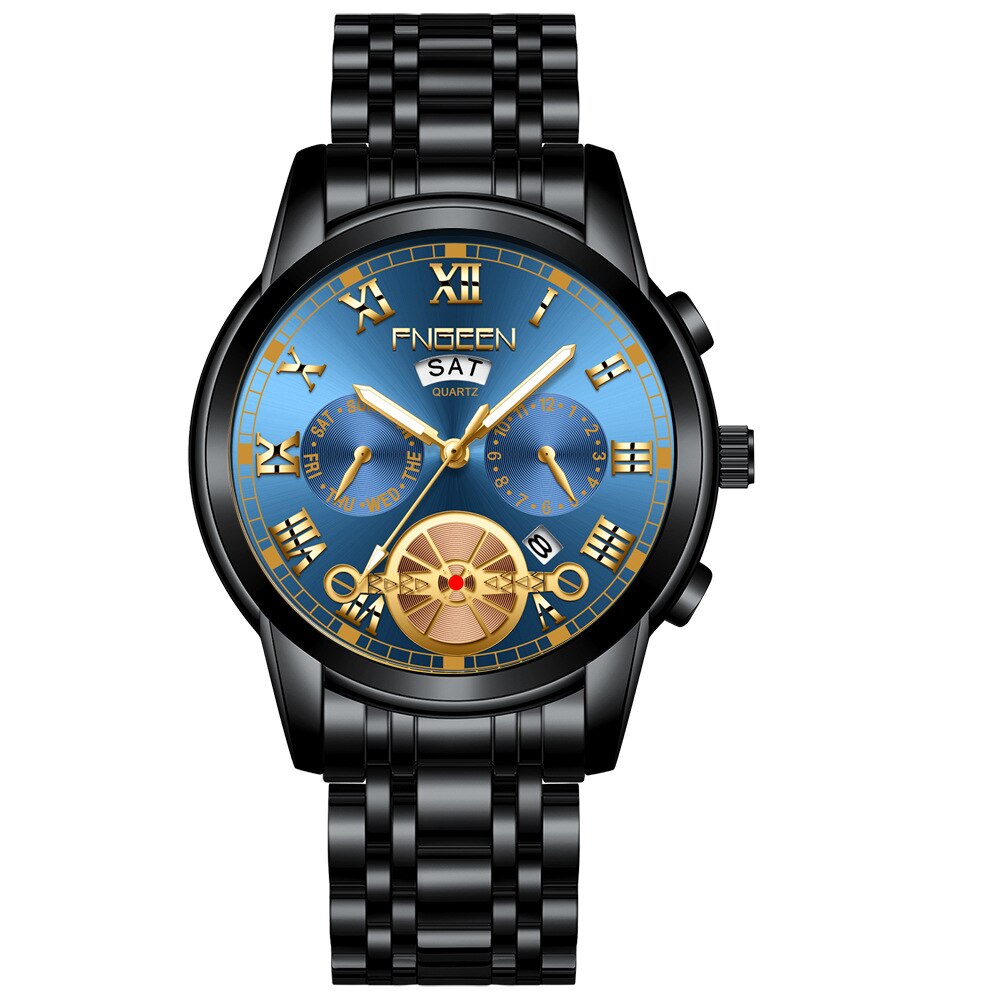 FNGEEN Fashion Mens Watch Quartz Classic Blue Wristwatch Steel Belt Luxury Calendar Business Watch Herren Uhren Gifts for Men