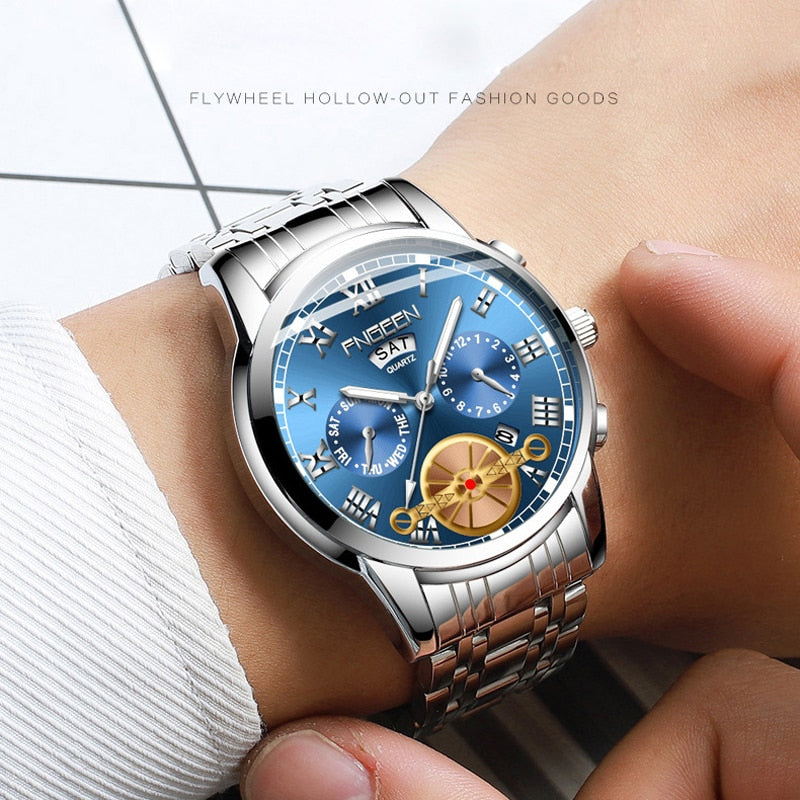 FNGEEN Fashion Mens Watch Quartz Classic Blue Wristwatch Steel Belt Luxury Calendar Business Watch Herren Uhren Gifts for Men