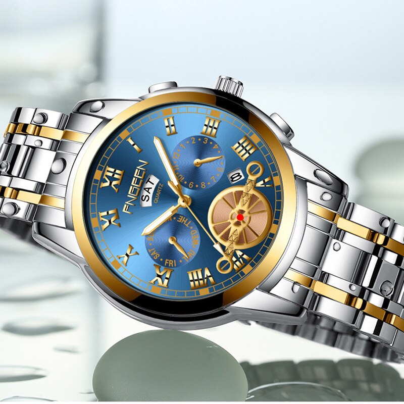 FNGEEN Fashion Mens Watch Quartz Classic Blue Wristwatch Steel Belt Luxury Calendar Business Watch Herren Uhren Gifts for Men