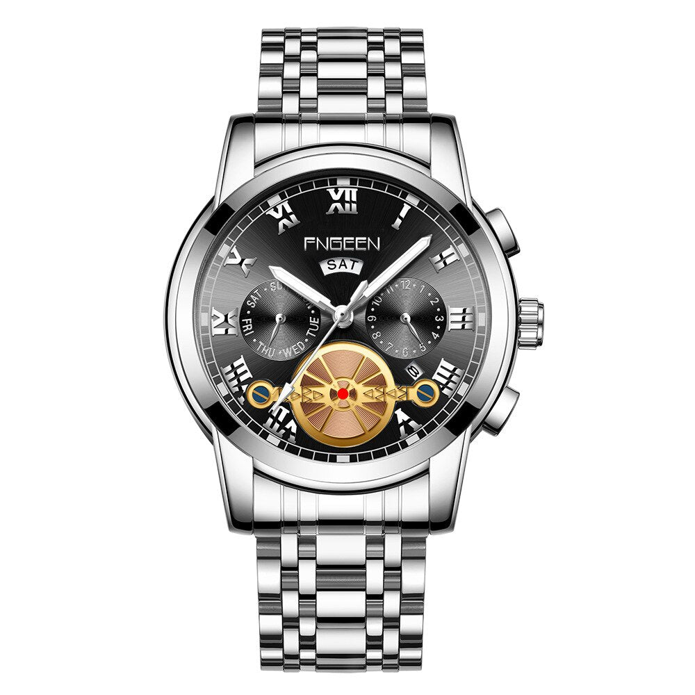 FNGEEN Fashion Mens Watch Quartz Classic Blue Wristwatch Steel Belt Luxury Calendar Business Watch Herren Uhren Gifts for Men