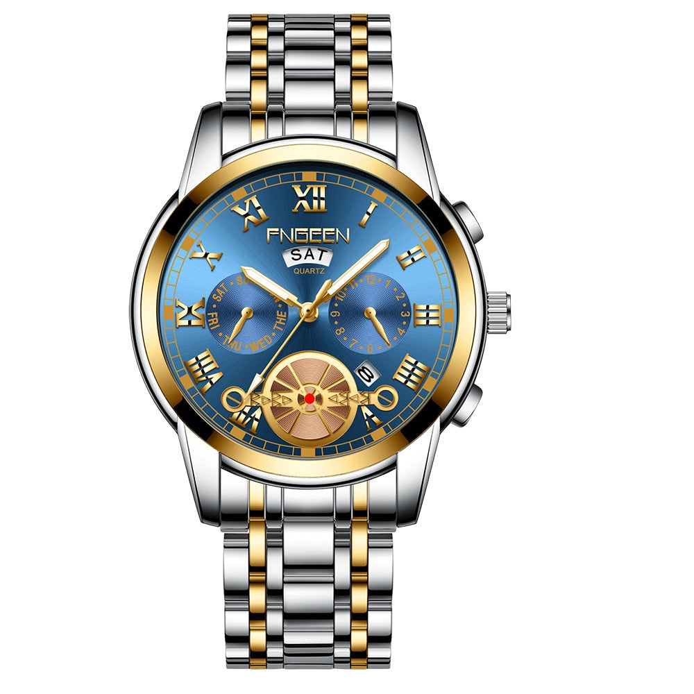 FNGEEN Fashion Mens Watch Quartz Classic Blue Wristwatch Steel Belt Luxury Calendar Business Watch Herren Uhren Gifts for Men