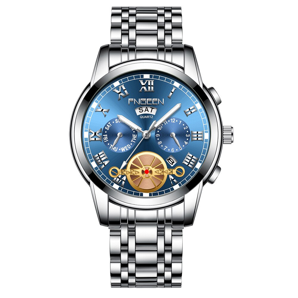 FNGEEN Fashion Mens Watch Quartz Classic Blue Wristwatch Steel Belt Luxury Calendar Business Watch Herren Uhren Gifts for Men