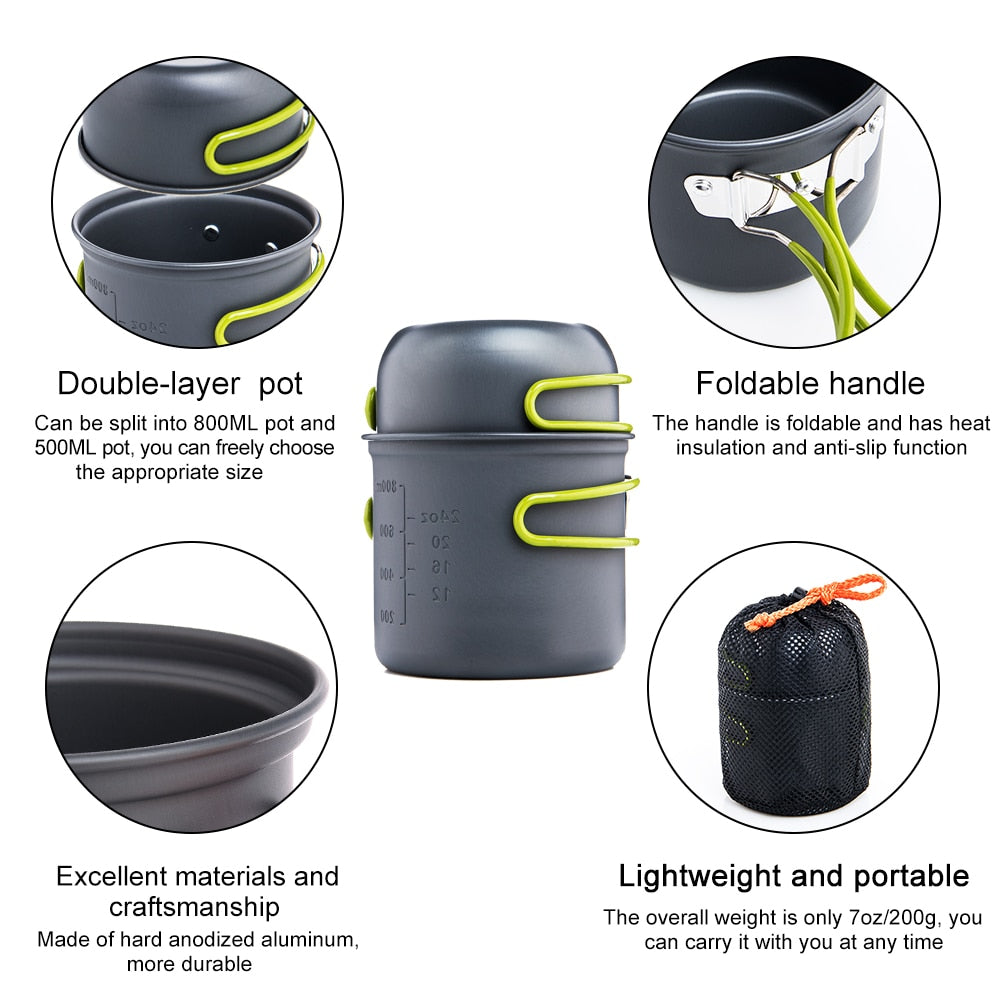 Outdoor-Camping-Geschirr-Set, Outdoor-Kochgeschirr-Set, faltbar, Löffel, Gabel, Messer, Wasserkocher, Tasse, Campingausrüstung, Zubehör für 1–2 Personen