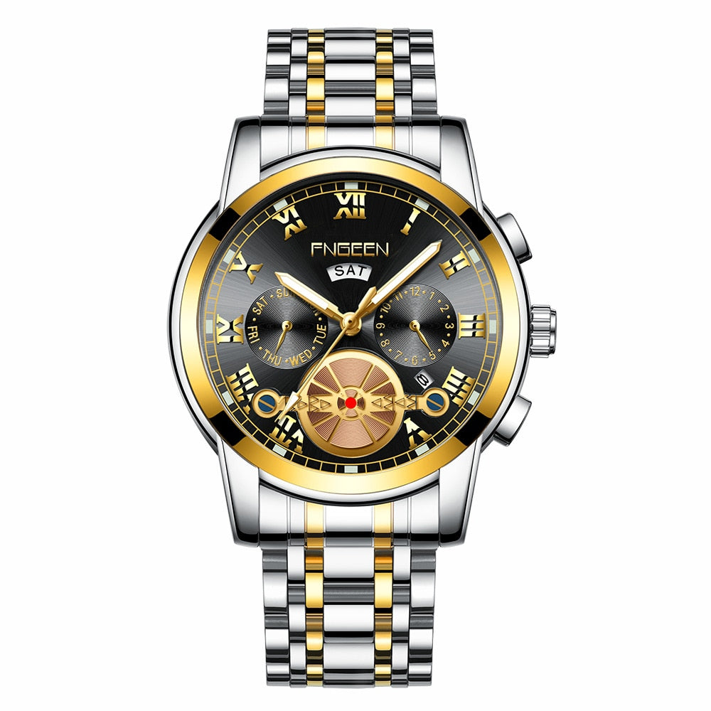 FNGEEN Fashion Mens Watch Quartz Classic Blue Wristwatch Steel Belt Luxury Calendar Business Watch Herren Uhren Gifts for Men