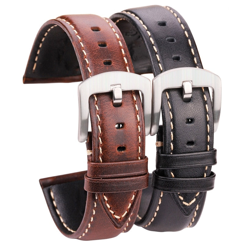 Ölwachs-Rindsleder-Uhrenarmband für Damen und Herren, Schwarz, Braun, glattes Echtleder-Armband, 18, 19, 20, 21, 22, 24 mm