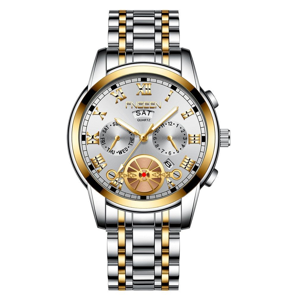 FNGEEN Fashion Mens Watch Quartz Classic Blue Wristwatch Steel Belt Luxury Calendar Business Watch Herren Uhren Gifts for Men