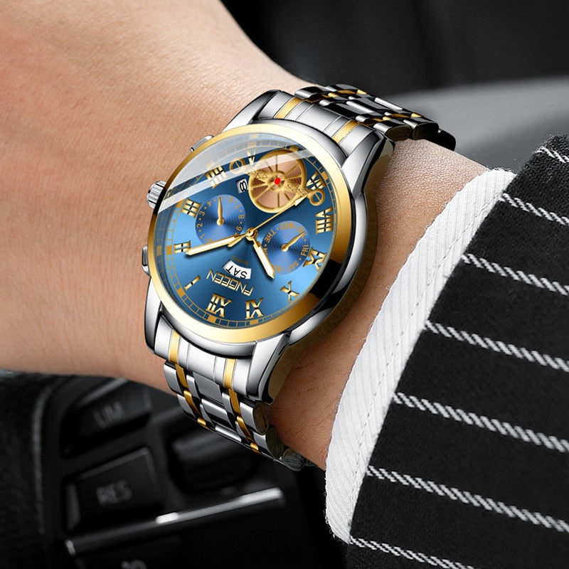 FNGEEN Fashion Mens Watch Quartz Classic Blue Wristwatch Steel Belt Luxury Calendar Business Watch Herren Uhren Gifts for Men