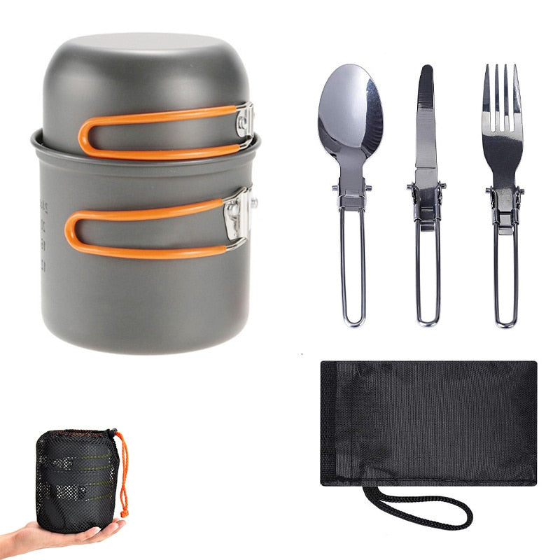 Outdoor-Camping-Geschirr-Set, Outdoor-Kochgeschirr-Set, faltbar, Löffel, Gabel, Messer, Wasserkocher, Tasse, Campingausrüstung, Zubehör für 1–2 Personen