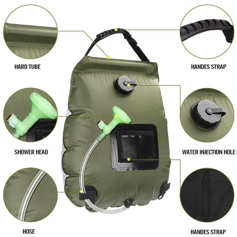 Wasserbeutel 20L Outdoor Camping Wandern Solarduschbeutel Heizung Campingdusche Klettern Trinkbeutel Schlauch Umschaltbarer Duschkopf