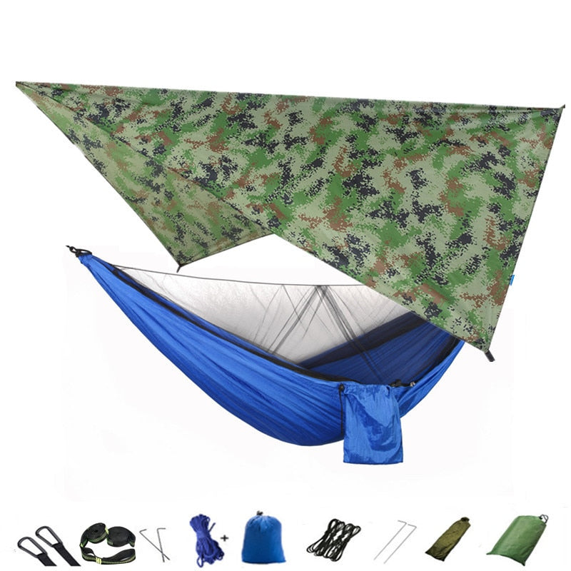 Camping-Hängematte, Moskitonetz und Hängematten-Überdachung, tragbare Nylon-Hängematte, Regenfliege, Baumgurte für Wandern, Camping, Überleben, Reisen