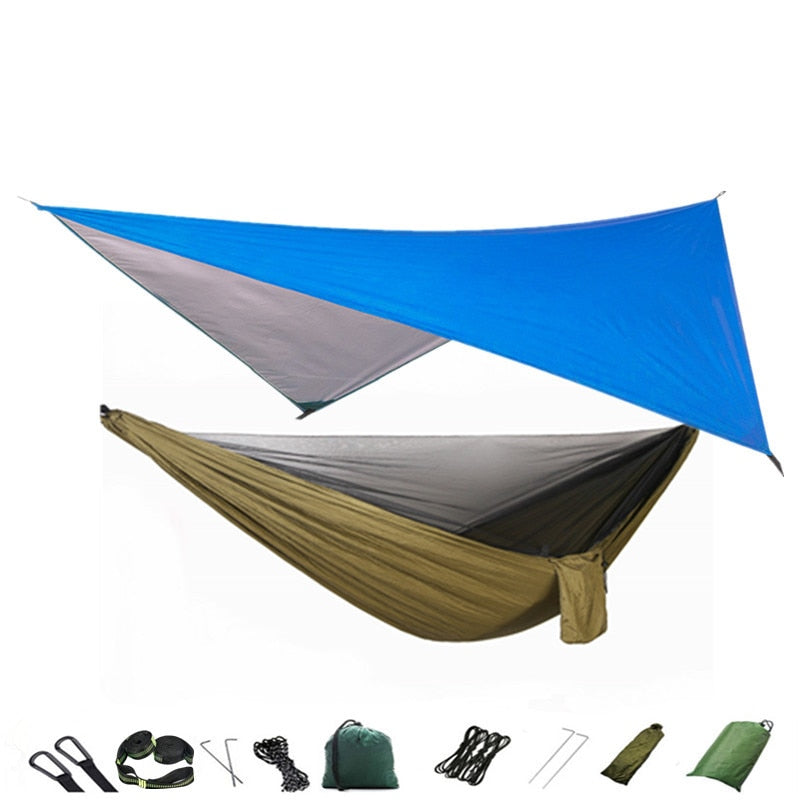 Camping-Hängematte, Moskitonetz und Hängematten-Überdachung, tragbare Nylon-Hängematte, Regenfliege, Baumgurte für Wandern, Camping, Überleben, Reisen