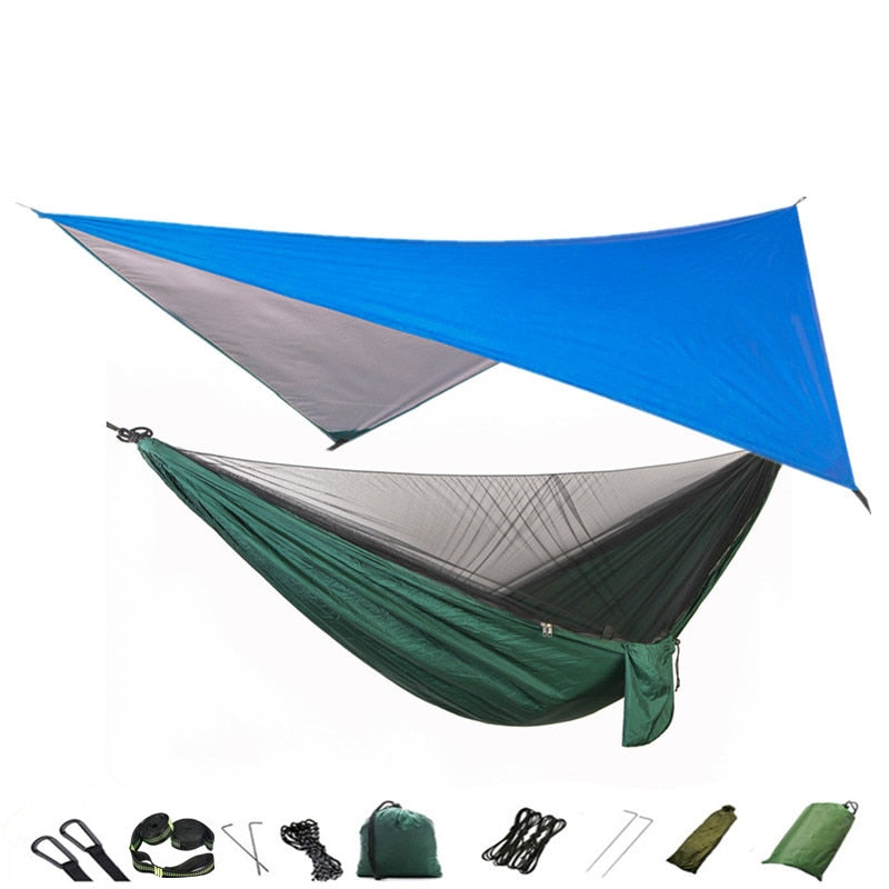 Camping-Hängematte, Moskitonetz und Hängematten-Überdachung, tragbare Nylon-Hängematte, Regenfliege, Baumgurte für Wandern, Camping, Überleben, Reisen