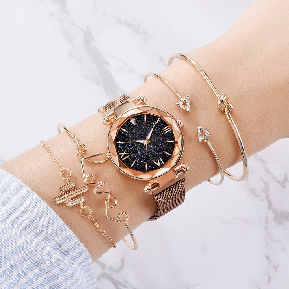 5 stucke Set Luxus Frauen Uhren Magnetische Starry Sky Weibliche Uhr Quarz Armbanduhr Mode Damen Armbanduhr relogio feminino