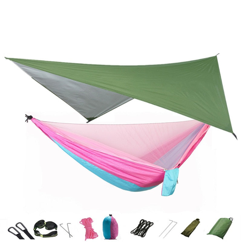 Camping-Hängematte, Moskitonetz und Hängematten-Überdachung, tragbare Nylon-Hängematte, Regenfliege, Baumgurte für Wandern, Camping, Überleben, Reisen