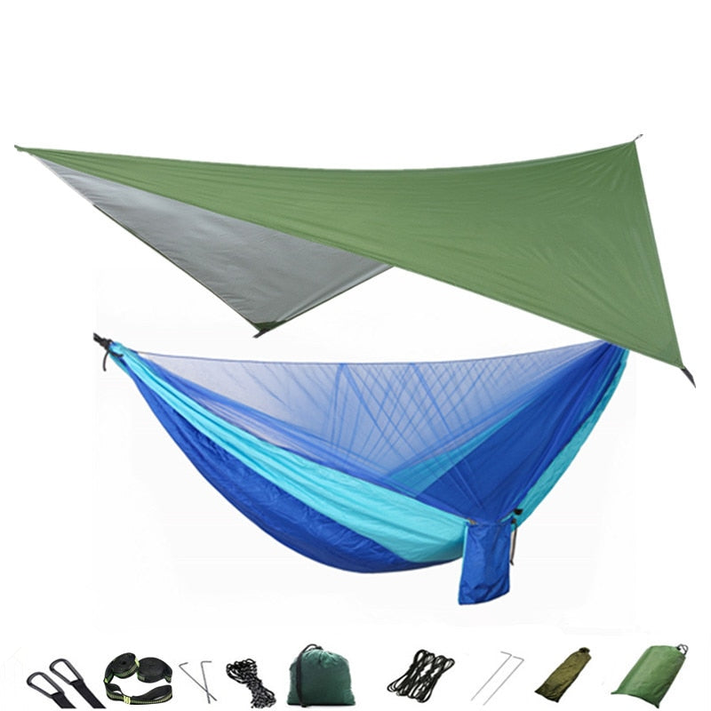 Camping-Hängematte, Moskitonetz und Hängematten-Überdachung, tragbare Nylon-Hängematte, Regenfliege, Baumgurte für Wandern, Camping, Überleben, Reisen