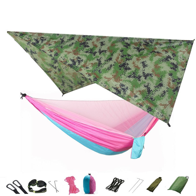 Camping-Hängematte, Moskitonetz und Hängematten-Überdachung, tragbare Nylon-Hängematte, Regenfliege, Baumgurte für Wandern, Camping, Überleben, Reisen