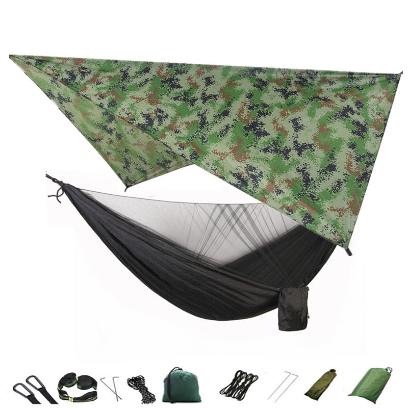 Camping-Hängematte, Moskitonetz und Hängematten-Überdachung, tragbare Nylon-Hängematte, Regenfliege, Baumgurte für Wandern, Camping, Überleben, Reisen