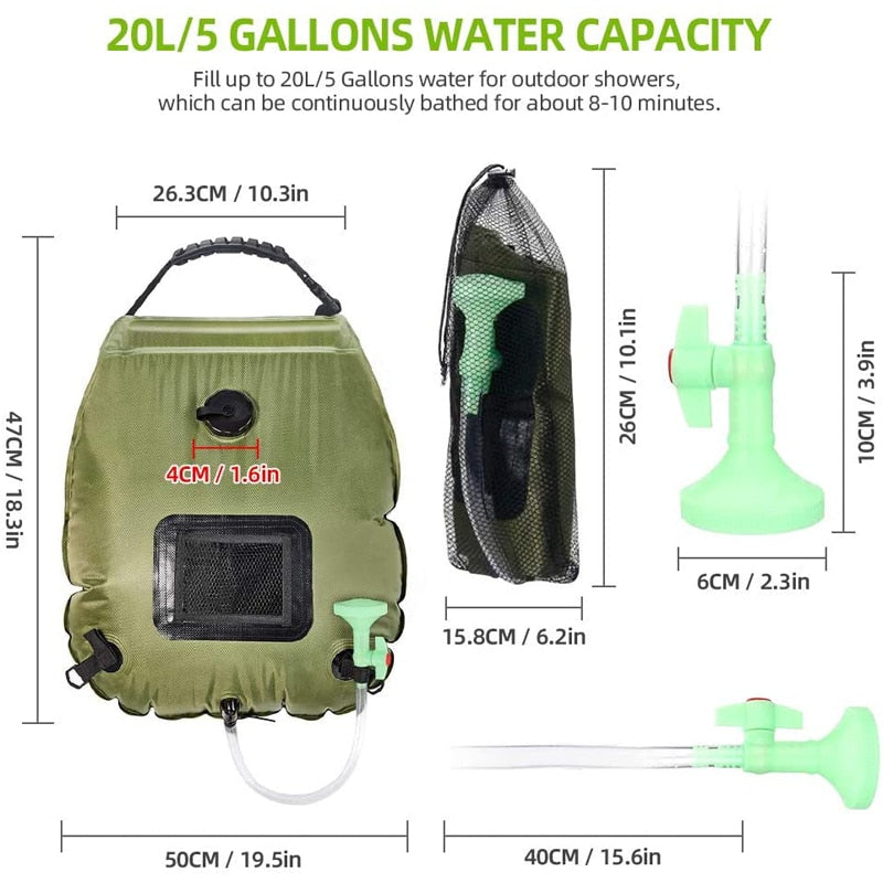 Wasserbeutel 20L Outdoor Camping Wandern Solarduschbeutel Heizung Campingdusche Klettern Trinkbeutel Schlauch Umschaltbarer Duschkopf