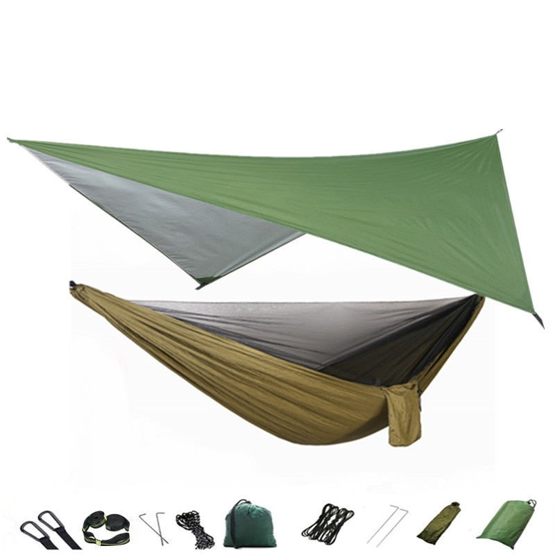 Camping-Hängematte, Moskitonetz und Hängematten-Überdachung, tragbare Nylon-Hängematte, Regenfliege, Baumgurte für Wandern, Camping, Überleben, Reisen