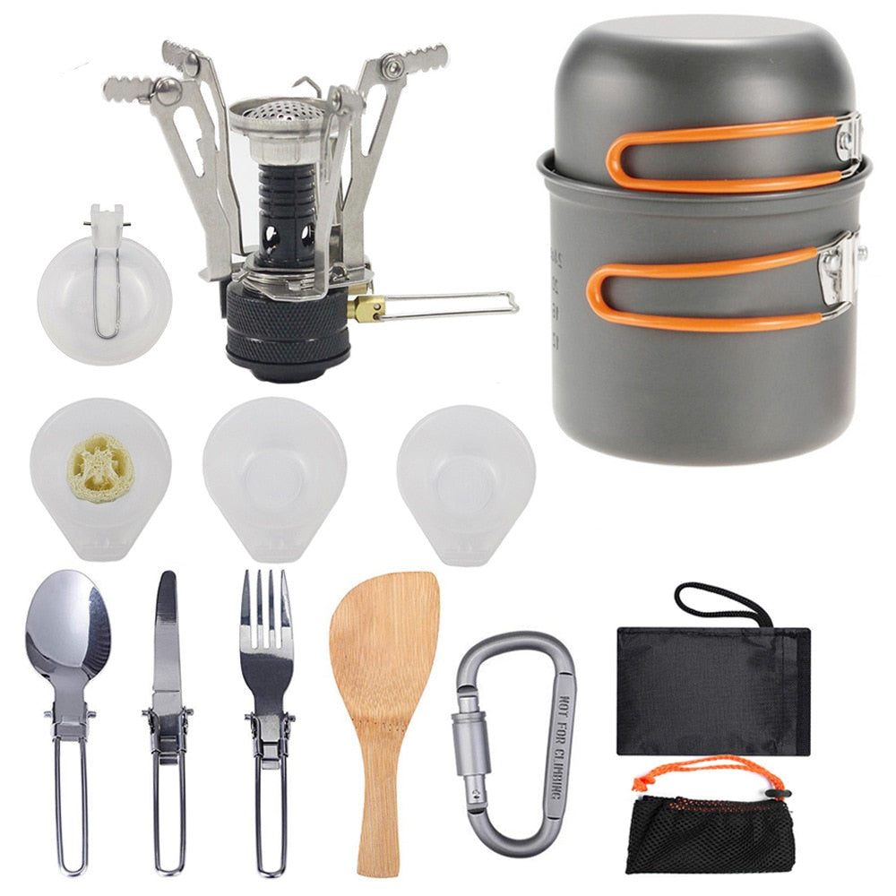 Outdoor-Camping-Geschirr-Set, Outdoor-Kochgeschirr-Set, faltbar, Löffel, Gabel, Messer, Wasserkocher, Tasse, Campingausrüstung, Zubehör für 1–2 Personen