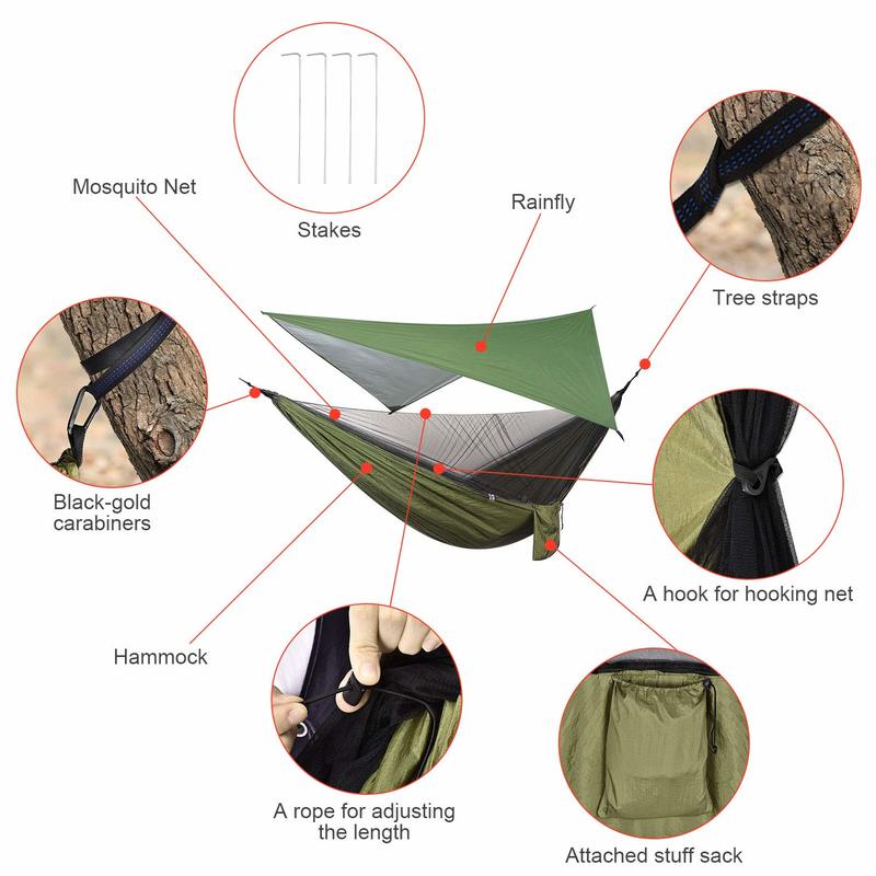 Camping-Hängematte, Moskitonetz und Hängematten-Überdachung, tragbare Nylon-Hängematte, Regenfliege, Baumgurte für Wandern, Camping, Überleben, Reisen